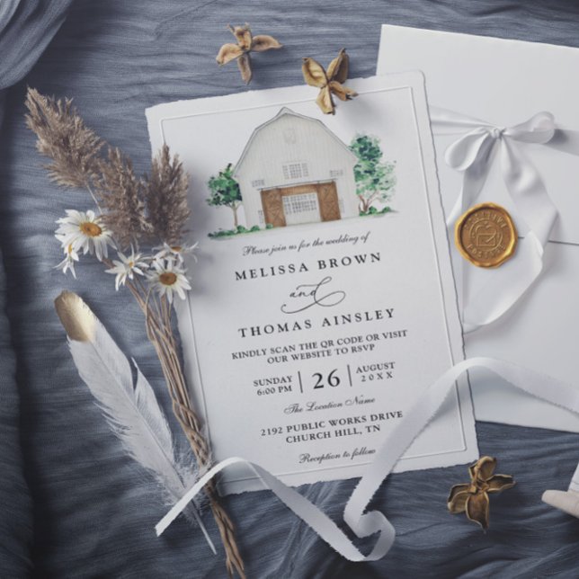 Invitation Rustic Farmhouse Elegant Barn QR Code Wedding (Créateur téléchargé)