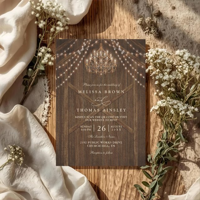 Invitation Rustic Farmhouse Lights Vintage QR Code Wedding (Créateur téléchargé)