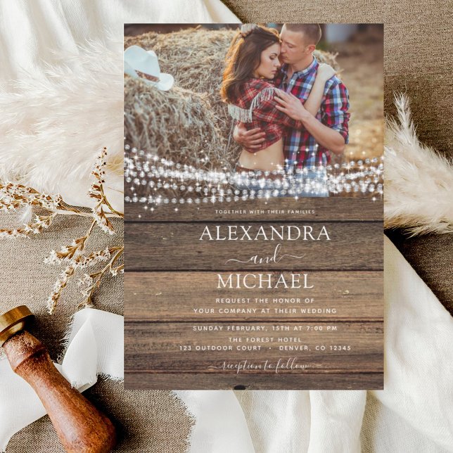 Invitation Rustic Farmhouse String Lights Mariage photo (Créateur téléchargé)
