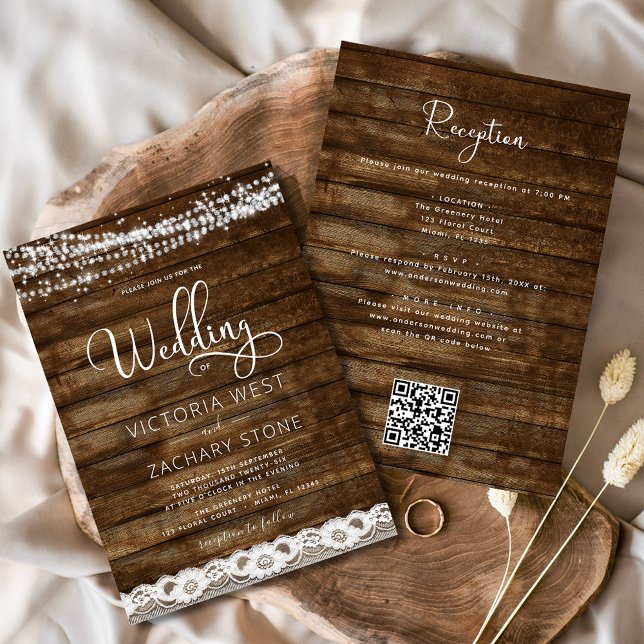 Invitation Rustic Farmhouse String Lights QR Code Mariage (Créateur téléchargé)