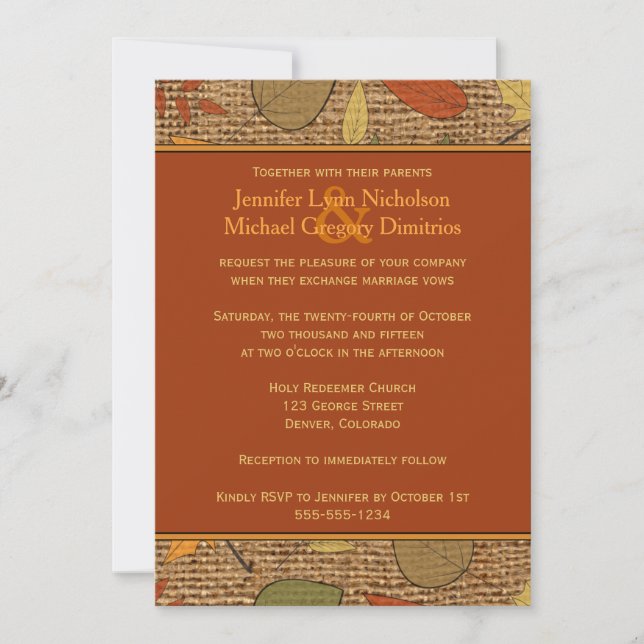 Invitation Rustic FAUX Burlap, Automne Feuilles Mariage Invit (Devant)