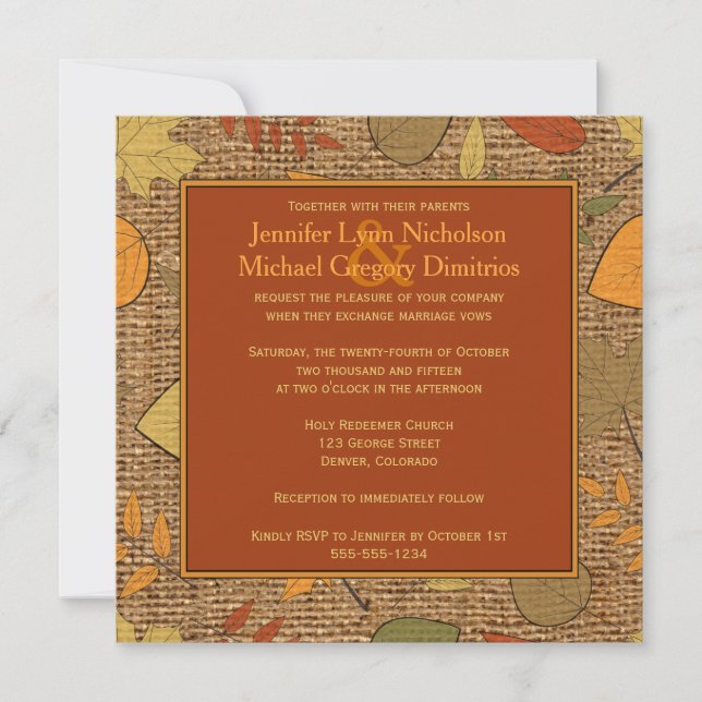 Invitation Rustic FAUX Burlap & Autumn Leaves Mariage Invite (Devant)