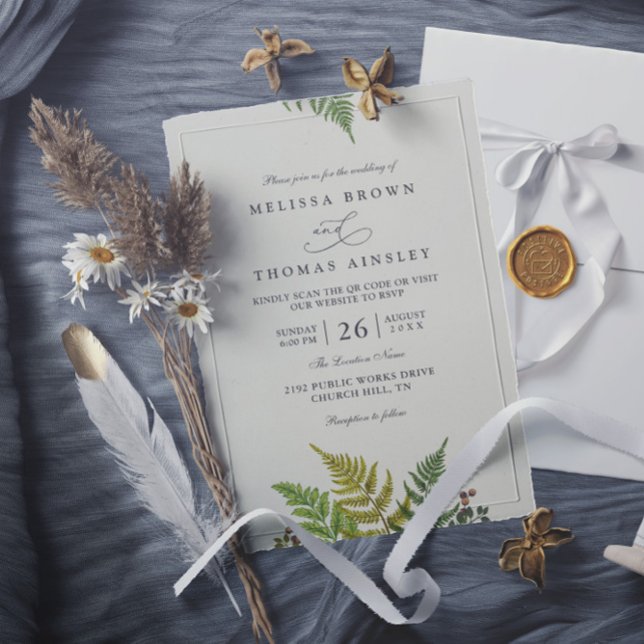 Invitation Rustic Fern Forest Greenery Modern QR Code Wedding (Créateur téléchargé)