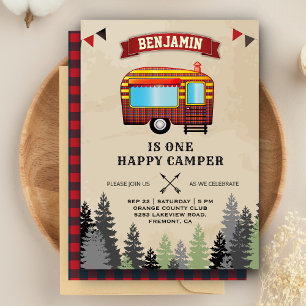 Invitation Rustic Flannel One Happy Camper 1er Anniversaire