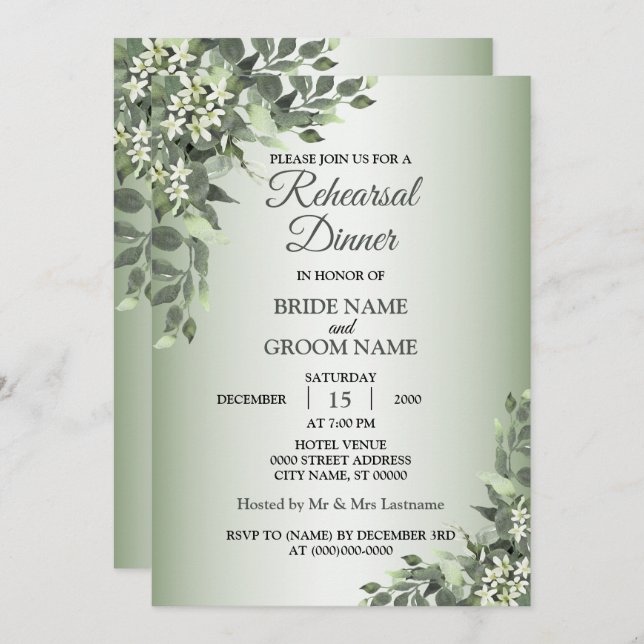 Invitation Rustic Floral Greenery Leaves Rehearsal Dinner (Devant / Derrière)