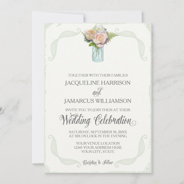 Invitation Rustic Floral Mason Jar Roses Script Typography (Devant)