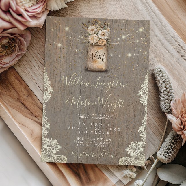 Invitation Rustic Floral Mason Jar String Lights Wood Wedding (Rustic Floral Mason Jar String Lights Wood Wedding Invitation)