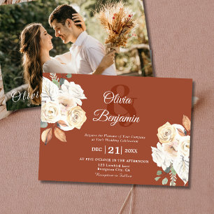 Invitation Rustic Floral Photo Brûlé Orange Mariage