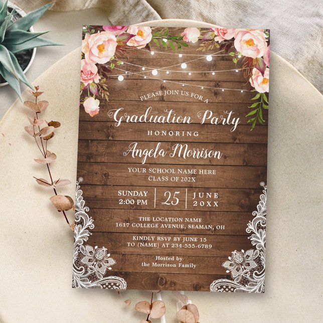 Invitation Rustic Floral String Lights Graduation Party (Créateur téléchargé)