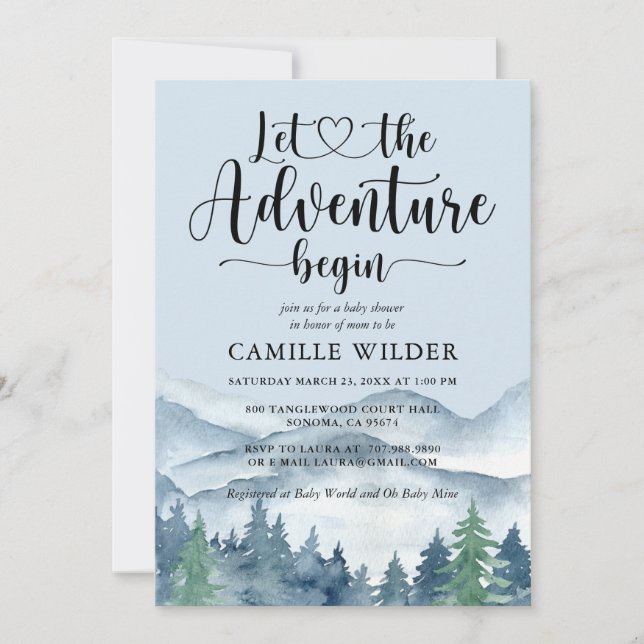 Invitation Rustic Forest Adventure Mountains Blue Baby (Devant)