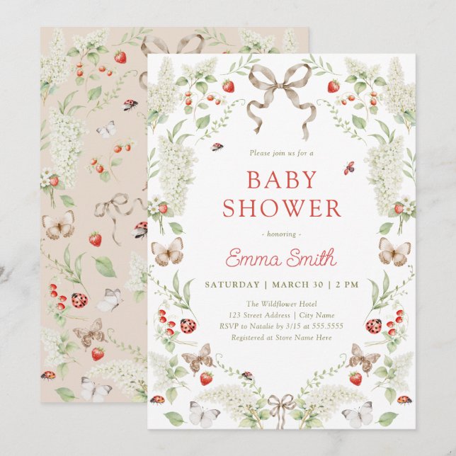 Invitation Rustic Forest Floral Bow Neutral Baby Shower (Devant / Derrière)