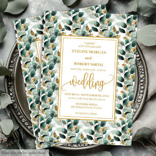 Invitation Rustic Forest Green Gold Greenery Mariage invite