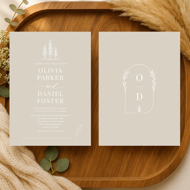 Invitation Rustic Forest Taupe Beige Line Art  Wedding (Créateur téléchargé)