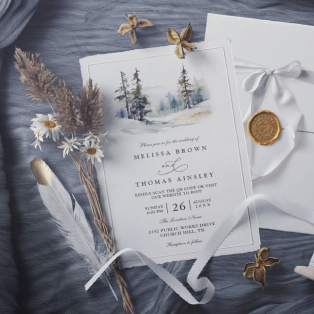 Invitation Rustic Forest Trees Pine Elegant QR Code Wedding (Créateur téléchargé)