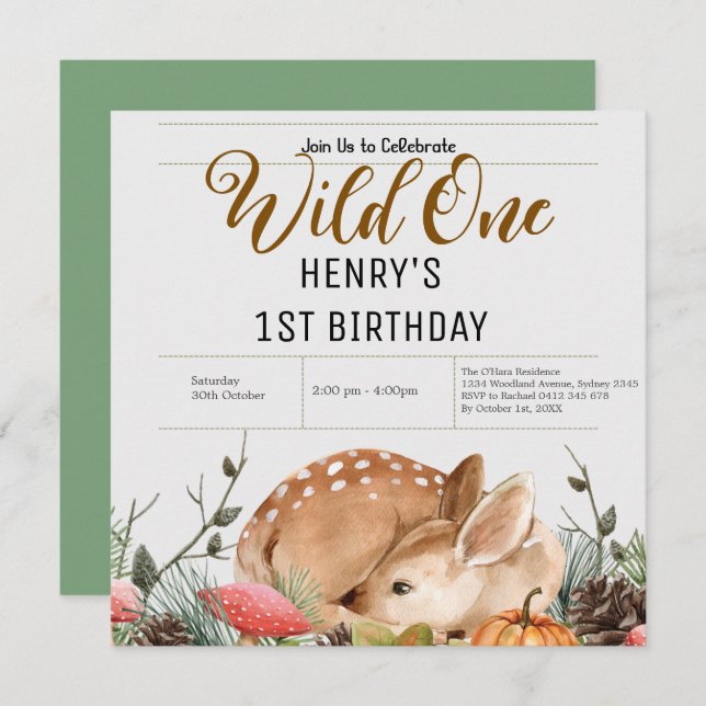 Invitation Rustic Forest Woodland Animals Wild One Birthday (Devant / Derrière)