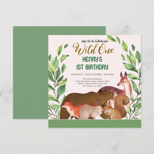 Invitation Rustic Forest Woodland Animals Wild One Birthday (Devant / Derrière)