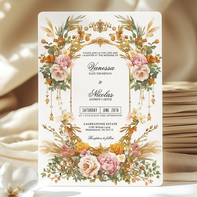 Invitation Rustic Garden Estate Blush Gold Floral Wedding  (Créateur téléchargé)