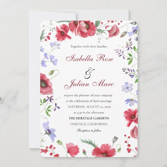 Invitation Rustic Garden Poppy & Lavender Watercolor Wedding (Devant)