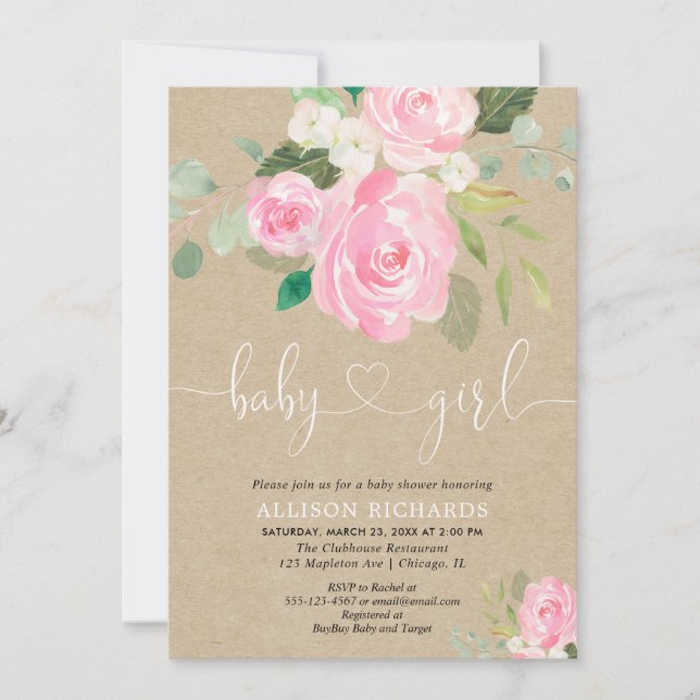 Invitation Rustic Girl baby shower floral rose kraft (Devant)
