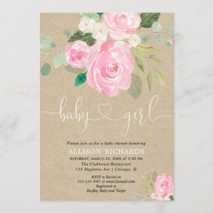 Invitation Rustic Girl baby shower floral rose kraft