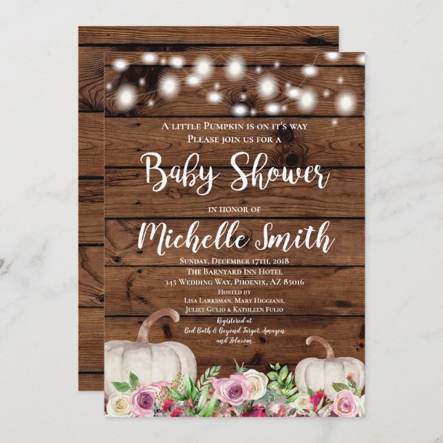 Invitation Rustic Girl Citrouille Fall Greeney Baby shower ro (Devant / Derrière)