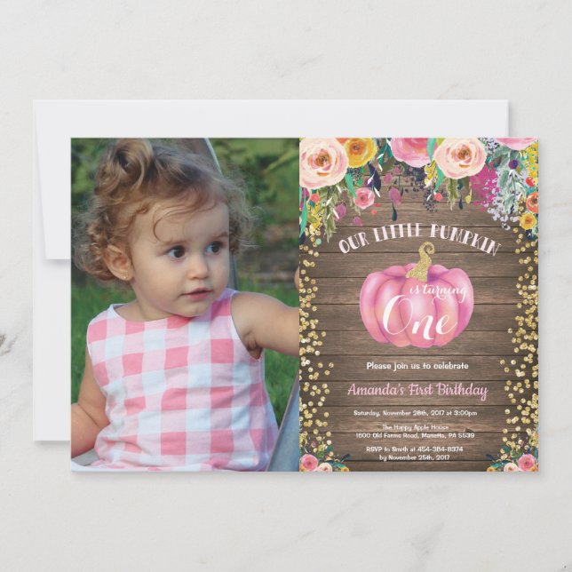 Invitation Rustic Girl Citrouille premier anniversaire Floral (Devant)