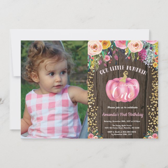 Invitation Rustic Girl Citrouille premier anniversaire Floral (Devant)
