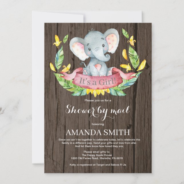 Invitation Rustic Girl Elephant Baby shower par courrier (Devant)
