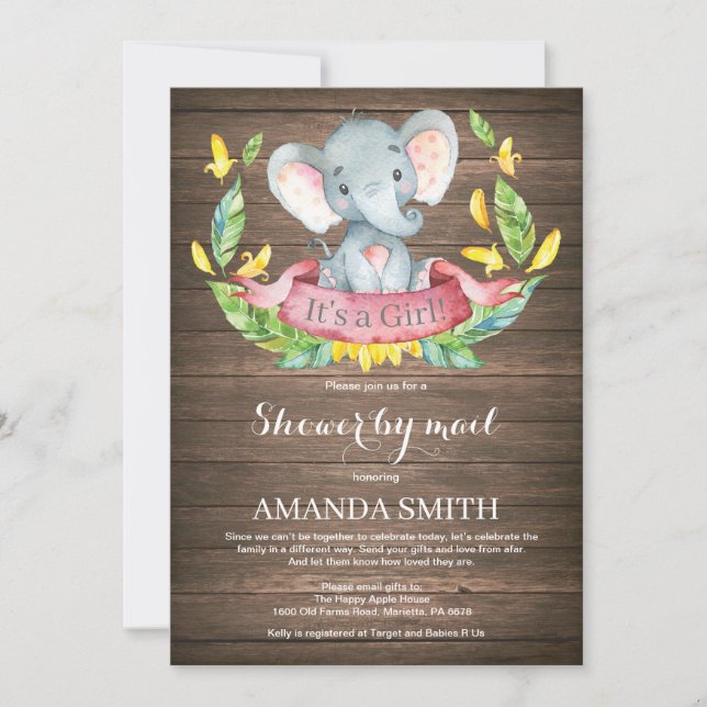 Invitation Rustic Girl Elephant Baby shower par courrier (Devant)