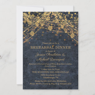 Invitation Rustic Glam Navy Blue Gold String Lumières