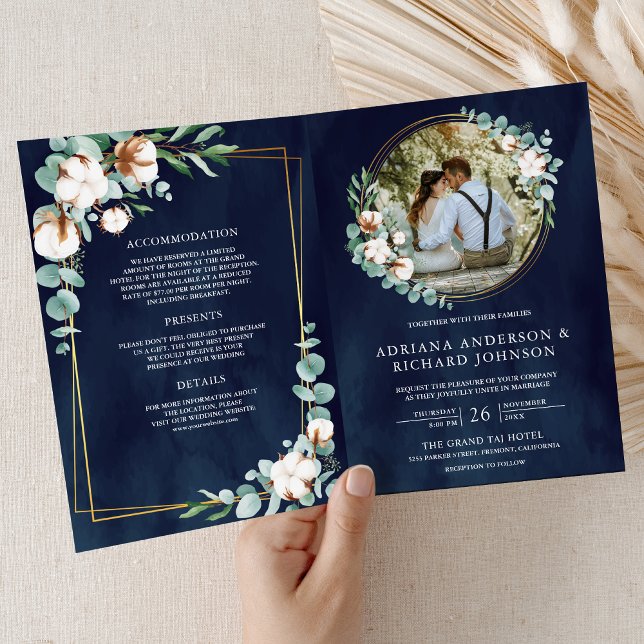 Invitation Rustic Gold Cotton Eucalyptus QR Code Navy Wedding (Créateur téléchargé)