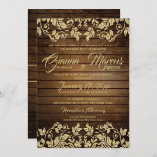 Invitation Rustic Gold Damask et Barn Wood Mariage