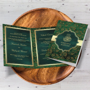 Invitation Rustic Gold Emerald Green Filigree Mariage musulma