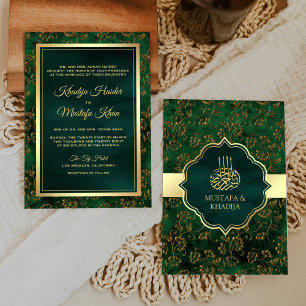 Invitation Rustic Gold Emerald Green Filigree Mariage musulma