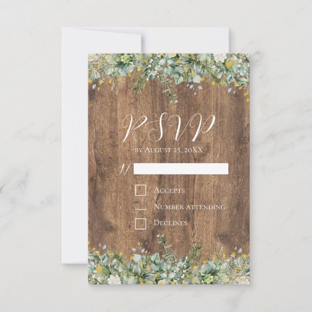 Invitation Rustic Gold Eucalyptus & White Floral Wedding RSVP (Devant)