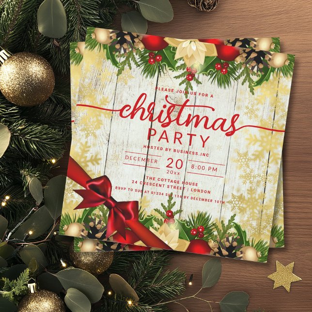 Invitation Rustic Gold Holly Berries & Baubles Company Xmas (Rustic Gold Holly Berries & Baubles Company Xmas Invitation)