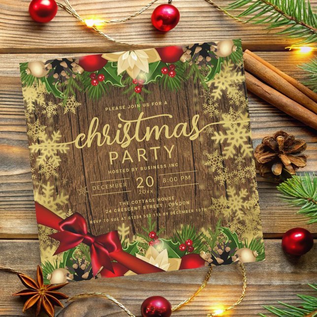 Invitation Rustic Gold Holly Berries & Baubles Company Xmas (Rustic Gold Holly Berries & Baubles Company Xmas Invitation)