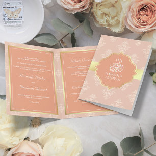 Invitation Rustic Gold Pastel Peach Damask Mariage musulman