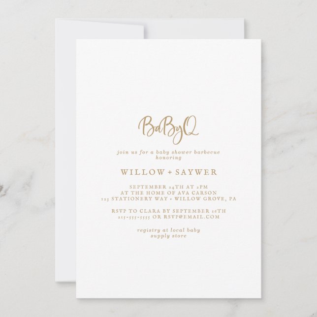 Invitation Rustic Gold Script BabyQ Baby shower Barbecue (Devant)