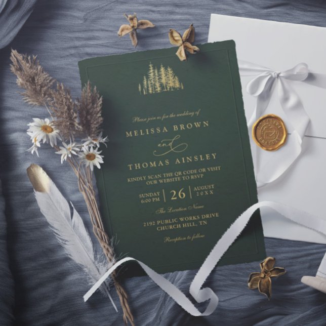 Invitation Rustic Gold Trees Pine Minimalist QR Code Wedding  (Créateur téléchargé)