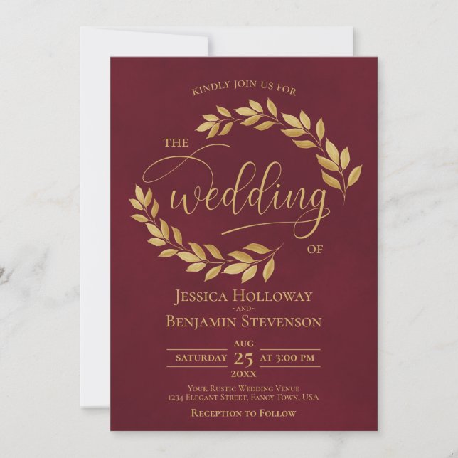 Invitation Rustic Golden Leaves Elegant Burgundy Wedding (Devant)