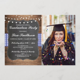 Invitation Rustic Graduation Party Blue Check Chalk BBQ Photo