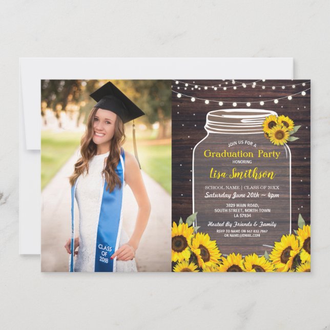 Invitation Rustic Graduation Party Jar Wood Sunflower Photo (Devant)