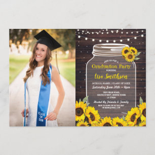 Invitation Rustic Graduation Party Jar Wood Sunflower Photo