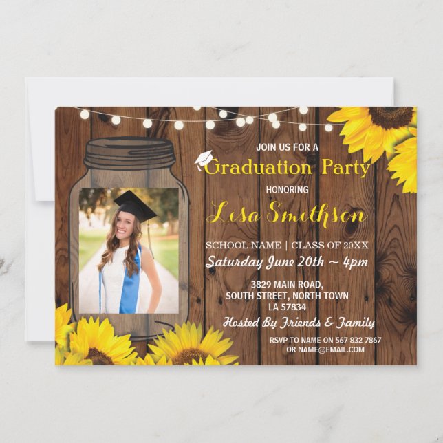 Invitation Rustic Graduation Party Jar Wood Sunflower Photo (Devant)