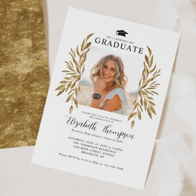 Invitation Rustic Graduation Party Modern Gold Feuilles Photo (Créateur téléchargé)