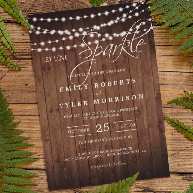 Invitation Rustic Grange Bois Chaîne Lumières Mariage du soir (Créateur téléchargé)