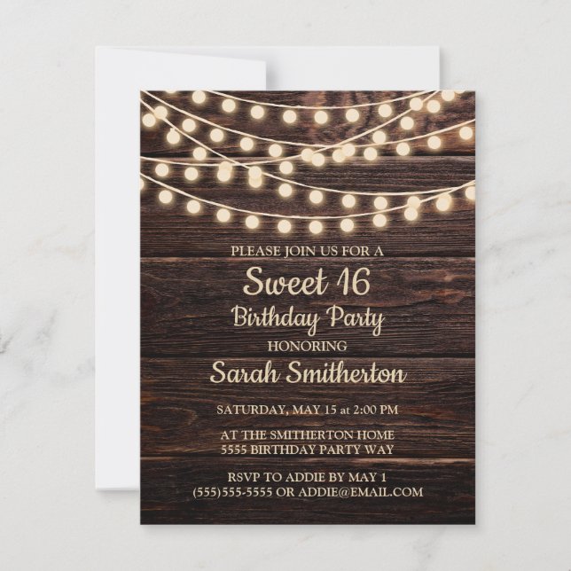 Invitation Rustic Grange Bois Chaîne Lumières Sweet 16 Invita (Devant)