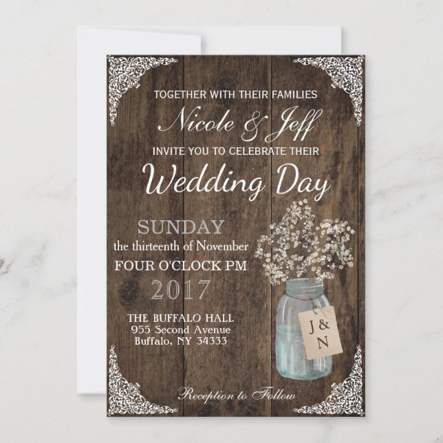 Invitation Rustic Grange Mariage Wood Mason Jar Babys Respire (Devant)