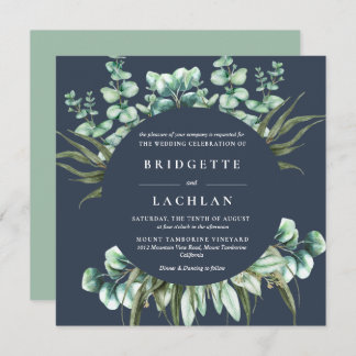 Invitation Rustic Green et Navy Eucalyptus Mariage SQ